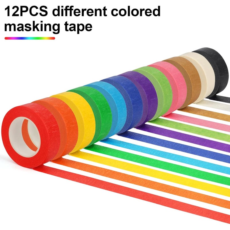 Guirnd 12PCS Colored Masking Tape, Arts & Crafts Supplies Colored Tape for Kids, Color Painters Tape Rolls 1.7cm x 18m (2/3In x 19.5Yards) - Image 3